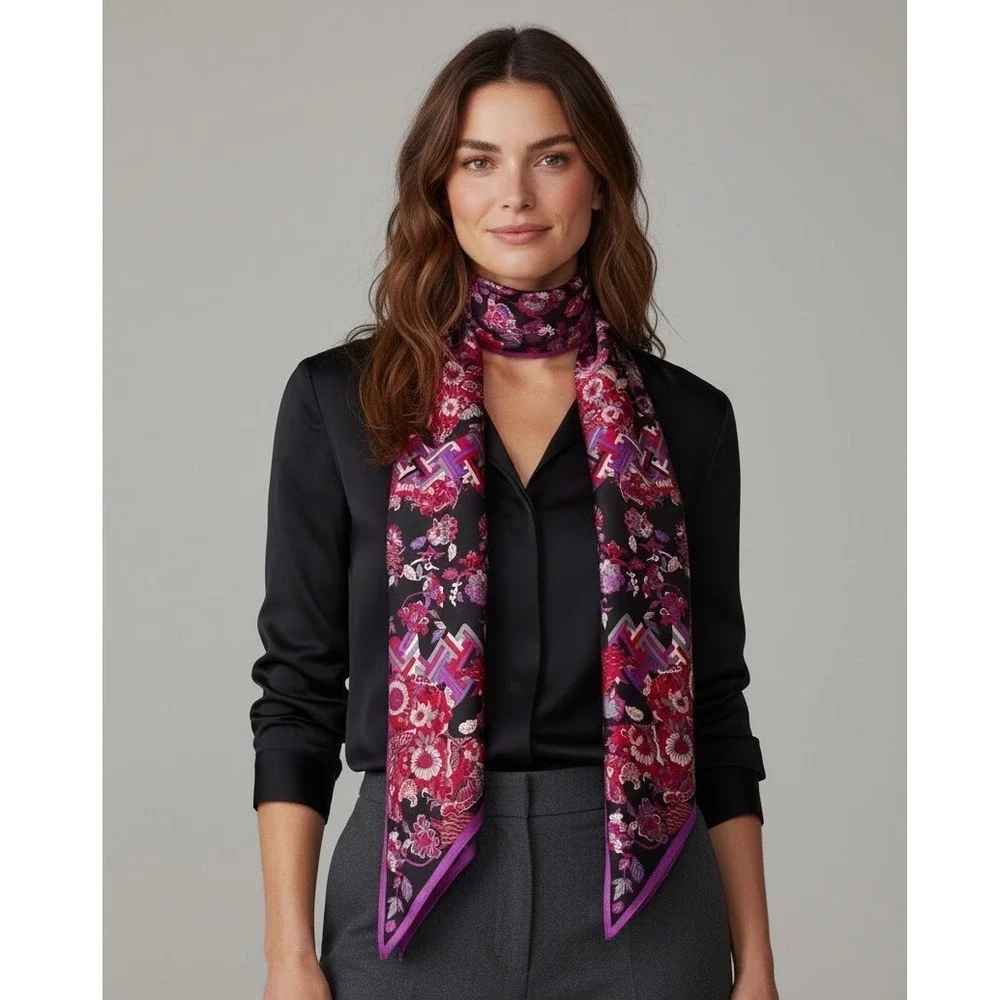 Oscar de la Renta Vintage Silk Skinny Scarf Floral Geometric Magenta Black Japan